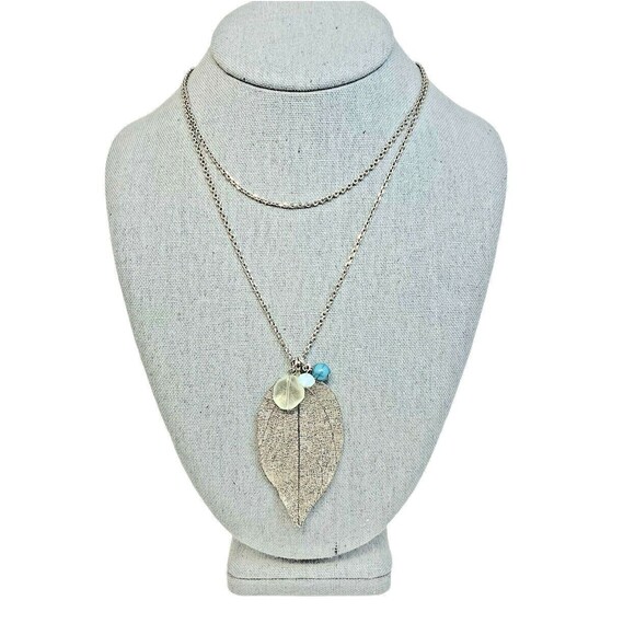 Express Openwork Filigree Leaf Pendant 34" Necklace Silver Tone Chain Beaded - Picture 6 of 10